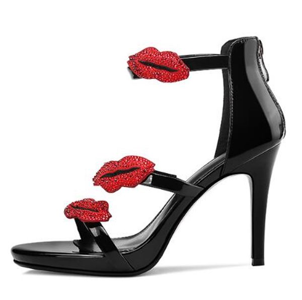 

2019 new women's leather high heels, with water drill lip print, high heel sandals size: 34-40, black