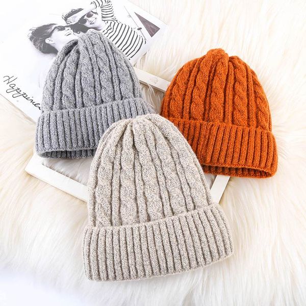 

new winter warm knitted beanie hat for women soft velvet thickening plus cap muts solid color twist female skullies beanies, Blue;gray