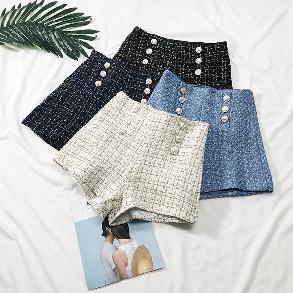 

spring autumn double-breasted high waist wide leg shorts for women plaid bright silk slim short pants ladies a-line femme shorts, White;black