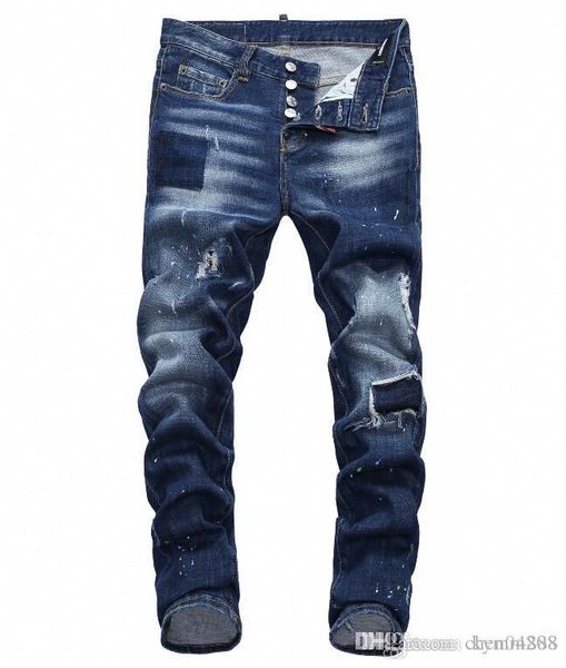 

европейские стоячие мужские джинсы, мужские джинсы, пара узких джинсов и черные вышитые черепа#025, Blue