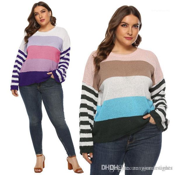 

sleeve stripe print female clothing fashion style casual apparel plus size womens autumn designer sweaters crew neck long, White;black