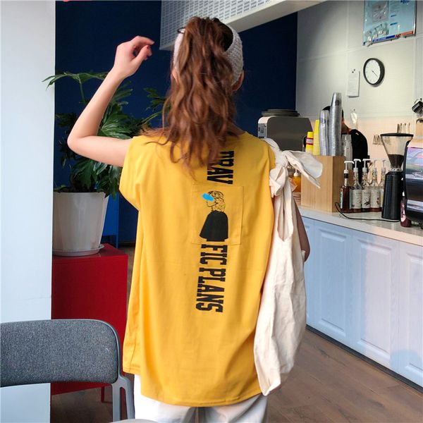 

harajuku t-shirts women yellow letter printed sleeveless loose t-shirt korean all-match leisure simple trendy summer white top