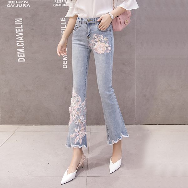 

stretchy plus size women flare jeans pants pearls tassels flower embroidery denim skinny jeans woman high waist pants mom, Blue