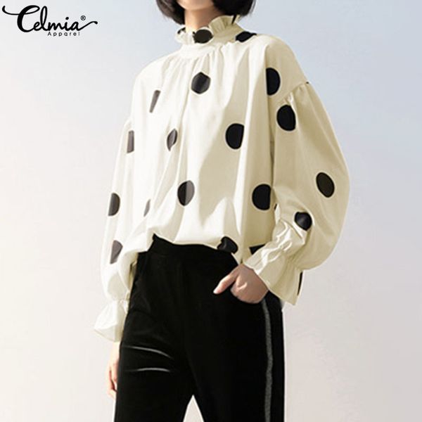 

celmia women's long lantern sleeve blouse polka dot fashion shirts elegant work office blusas femininas stand collar ladies, White
