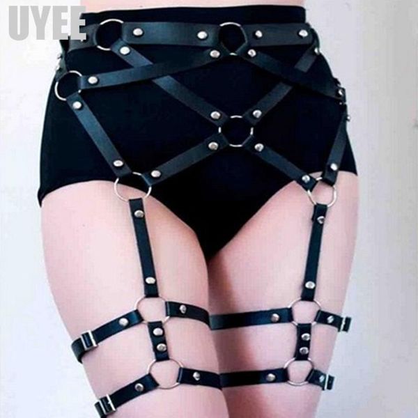 

uyee trendy leather harness waist body belts for women garters bondage adjustable suspender pants belt lp-013, Black;brown