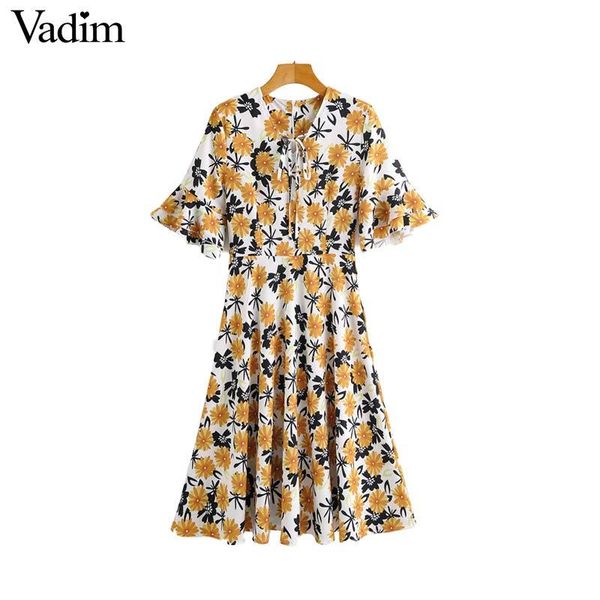 

vadim женщины сладкий цветочный принт миди платье v шеи короткий рукав обратно молния женщин-случайные шикарный линию платьев vestidos qd230, Black;pink