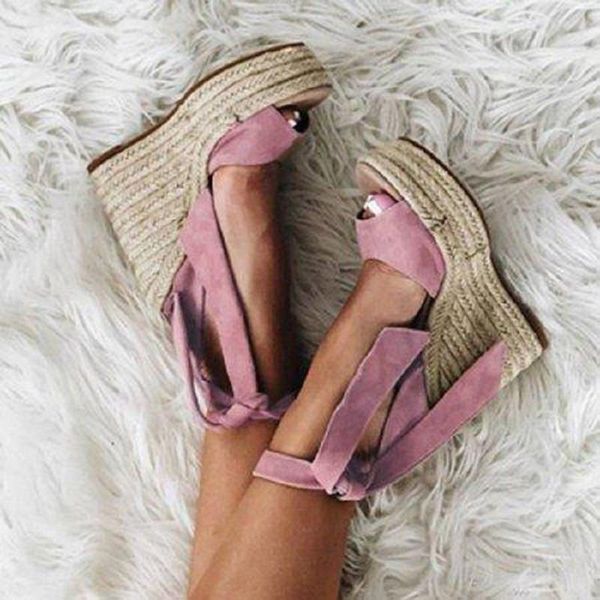 

spring sandal wedge heel sandal ladies straw plaited large size ankle strap back velvet fish mouth women's shoes europe and america, Black