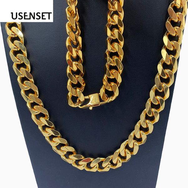 

usenset men's jewelry miami cuban link chain king size gold necklace&bracelet 14mm90cm stainless steel charm hip hop jewelry, Silver