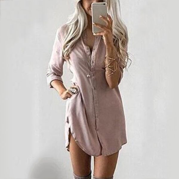 

women lady summer long sleeve casual blouse loose tees party mini dress, White