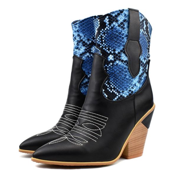 

serpentine pattern women's cowboy boots winter pointed short boot fashion female high heel snakeskin leather shoes mid-calf, Black