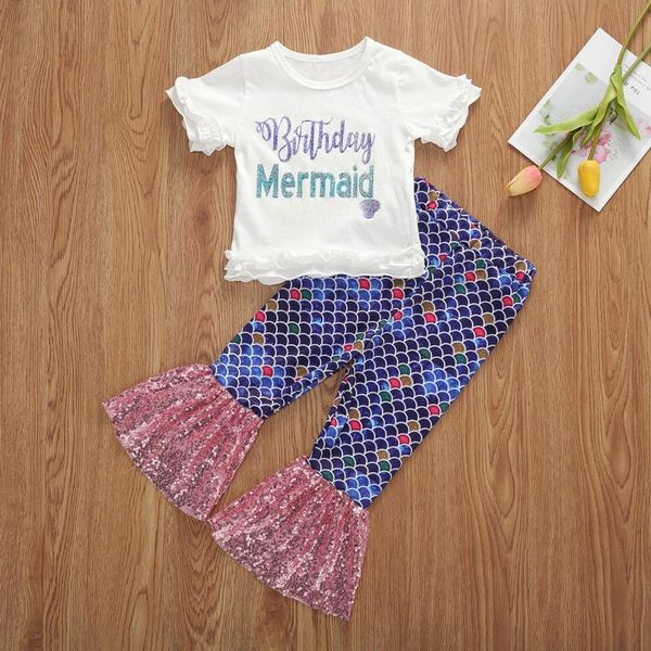 

2020 летняя 6м-4t малышей infant дети дети baby girl одежда set русалка с коротким рукавом футболки flare брюки одежда 2pcs, White