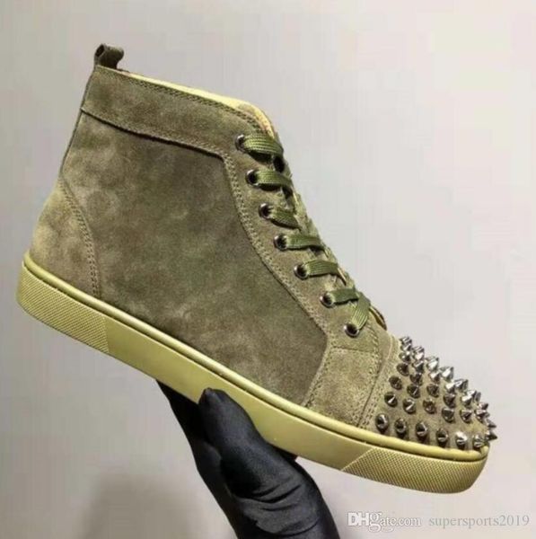 

r red bottom men's casual shoes high sneaker spiked green suede crystal spike leather sport sneakers ing, Black