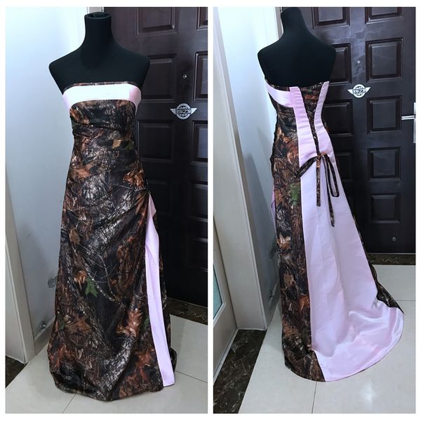 

2020 real ps strapless camo a-line bridesmaids dress lace up back camouflage pleated honor of maid real tree vestidos de bridesmaid, White;pink