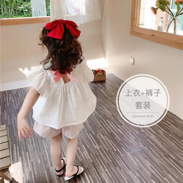 

2020 selling baby girls 2pcs set shirt+plaid shorts summer kids girls suits 1-6 years, White