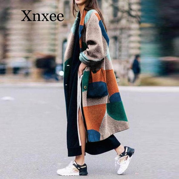 

women windbreaker autumn and winter casual warm long female jacket coat elegant vintage print female casual windbreake, Tan;black