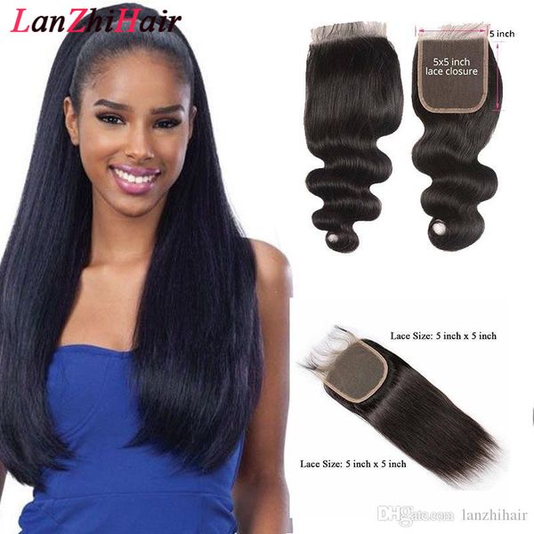 

9а бразильский body wave 5x5 кружева закрытие свободный часть remy человеческих волос straight закрытие отбеленные сучки волос младенца 5x5, Black
