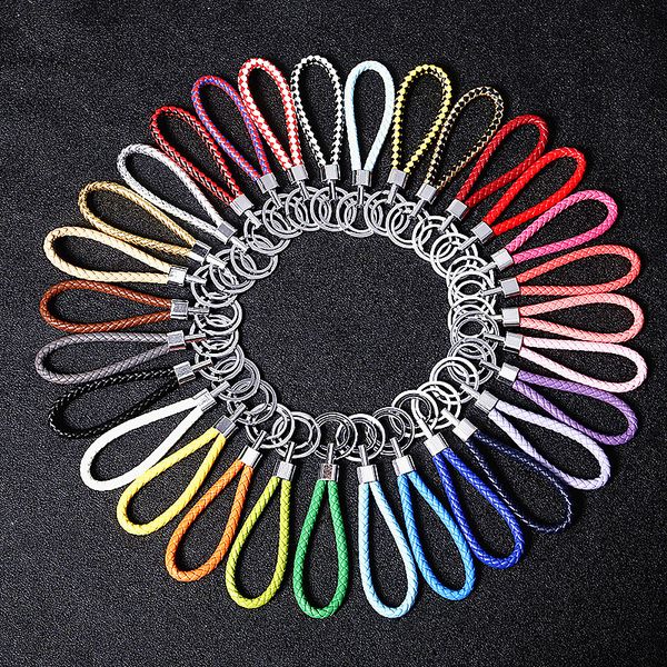 

fashion retro hand knitting leather rope keychain multicoloured alloy double ring keyring car jewelry low price wholesale, Silver