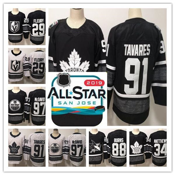 

2019 all-star game 34 auston matthews 91 john tavares 29 marc-andre fleury black parley authentic player hockey jerseys embroidered stitched, Black;red