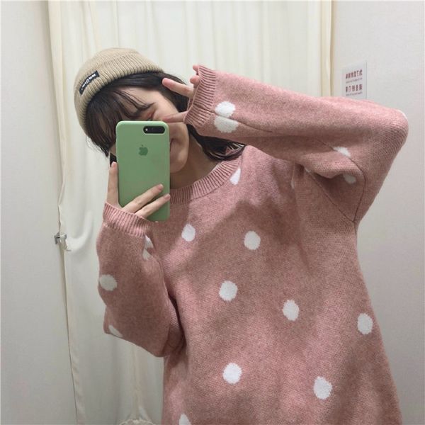 

autumn new winter korea ulzzang sweet fashion casual loose wave point thick sweater knitted large size o-neck female sweater, White;black