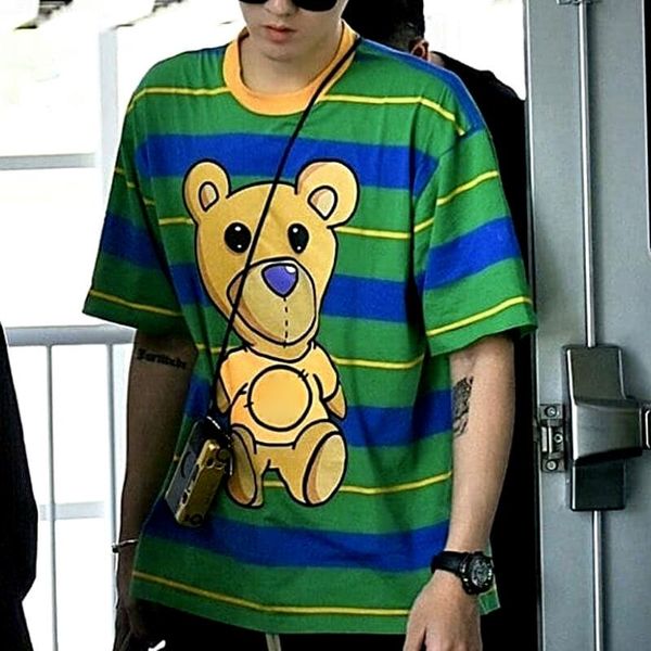 

20ss little bear printed t-shirt cute cartoon stripe tee casual high street short sleeves color matching men women summer tee hfymtx755, White;black