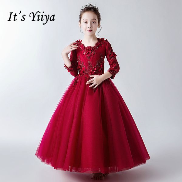 

flower girl dress burgundy it's yiiya b056 long sleeve o-neck communion dresses appliques beading girls princess ball gowns, Red;yellow