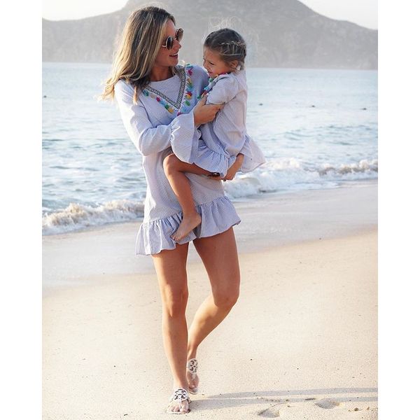 

newborn baby girl family matching clothes mom and daughter dress nine quarter stripe tassel mini mother and daughter outfits 266, Blue