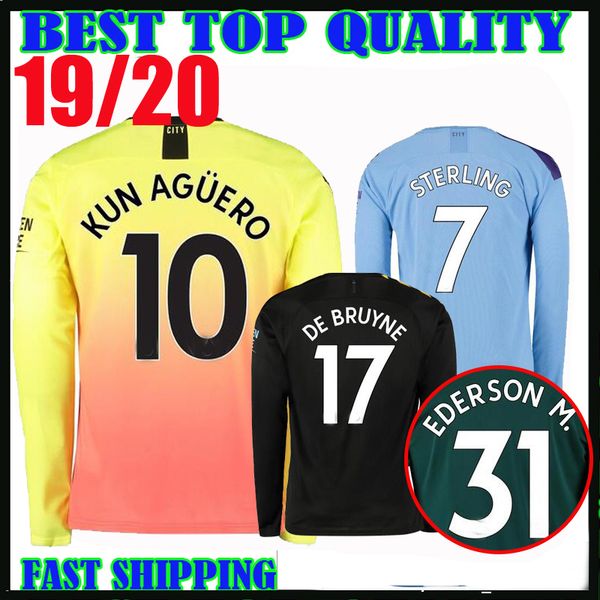 

19 20 manche ter long leeve occer jer ey kun aguero rodrigo home away 2019 2020 mahrez terling city goalkeeper eder on m football hirt, Black;yellow