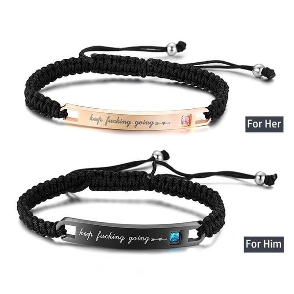 

new men women keep fucking going braided bracelet crystal black rope couple bangle bracelet lover's gifts, Golden;silver
