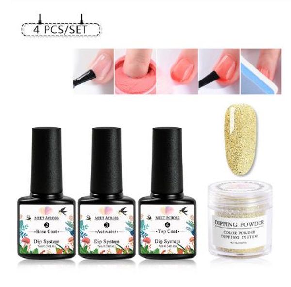 

4 pcs/set dipping nail glitter kits without lamp cure dip system french manicure with base activator liquid gel kit, Silver;gold