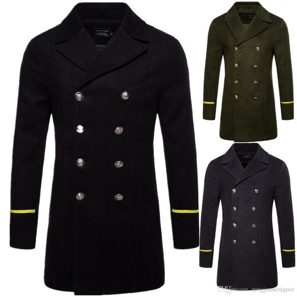 

mens winter designer wool coats solid color long sleeve lapel neck homme clothing army style fashion casual apparel, Black