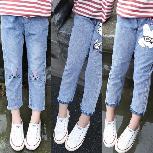 

autumn midi children's and pencil pants slim girls' cartoon jeans children's jeans pencil pants, Blue