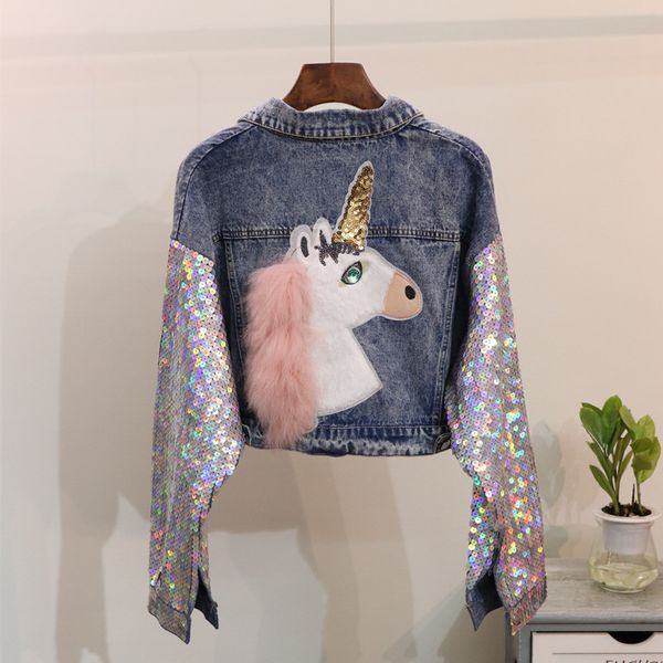 

sequins sleeve denim jacket coat women horse pattern short denim jackets outwear, Black;brown