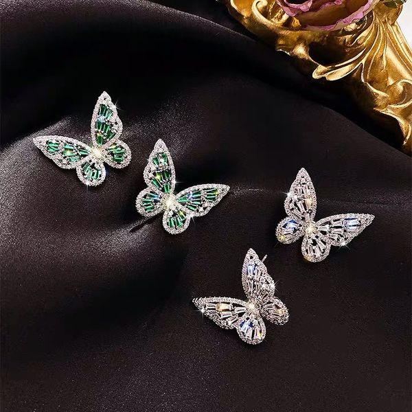 

2020 new korean fashion exaggerated green crystal butterfly earrings vacation summer gift statement earrings for women, Golden;silver
