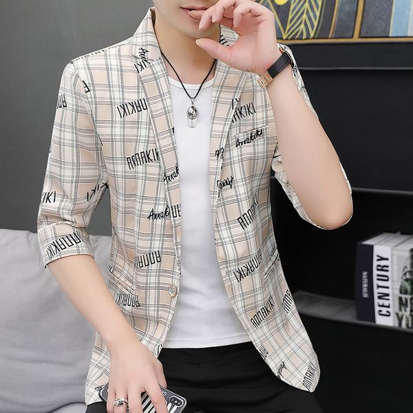 

2020 summer plaid print blazer men casual slim fit wedding dress mens stage jackets street wear social men suit jacket clothing, White;black
