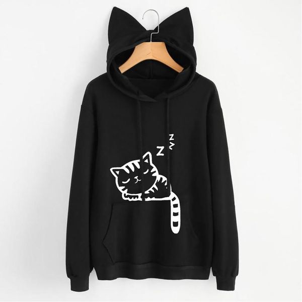 

autumn long sleeve winter soft daily hooded women sweatshirt cartoon print drawstring casual cute loose cat ear fashion, Black