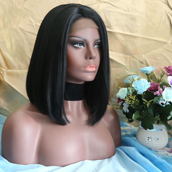 

14inches короткие боб стиль кружева перед парики натуральный черный прямые синтетические волосы сторона часть термостойкие синтетические пол, Black