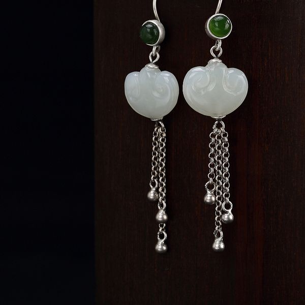 

2018 fashion real earings fashion jewelry one deer s925 pure natural hetian jade jasper tassel ruyi lady earrings wholesale, Golden;silver