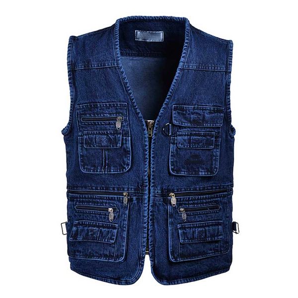 

plus size 5xl denim vest with multi pocket men casual outdoor sleeveless jeans vest v-neck cotton waistcoat male clothing, Black;white