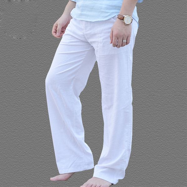 

men's summer casual pants natural cotton linen trousers white linen elastic waist straight pants, Black