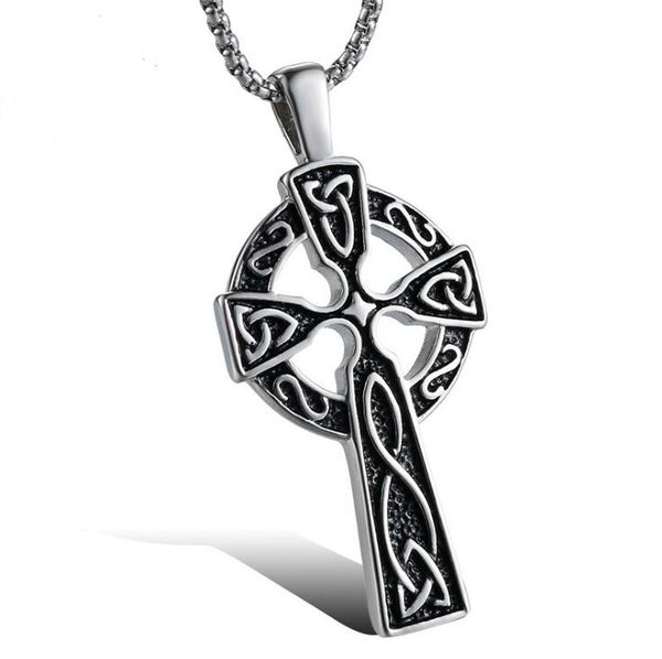 

classic surgical stainless steel circle cross pendant necklace black accent religious jewelry for women/men 316 titanium steel faith pendant, Silver