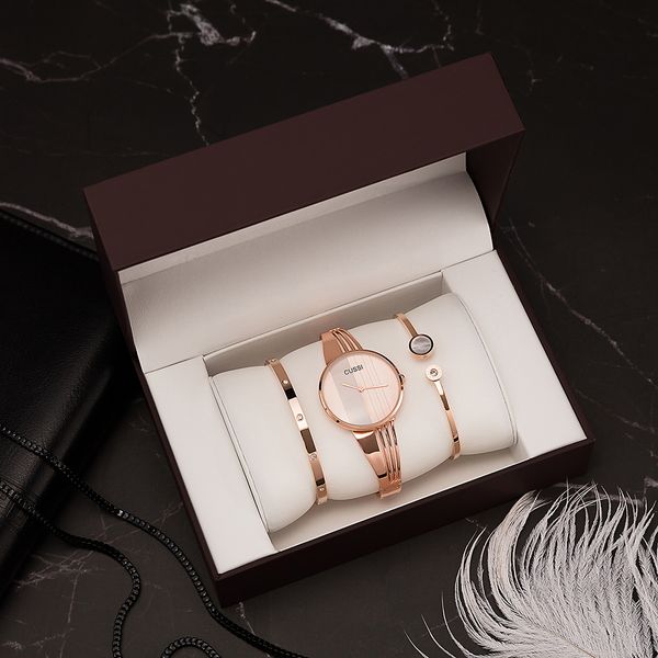 

cussi brand wristwatches women 3 pcs fashion stainless steel bracelets with big watch box set for girlfriend gift rose gold c19041201, Slivery;brown