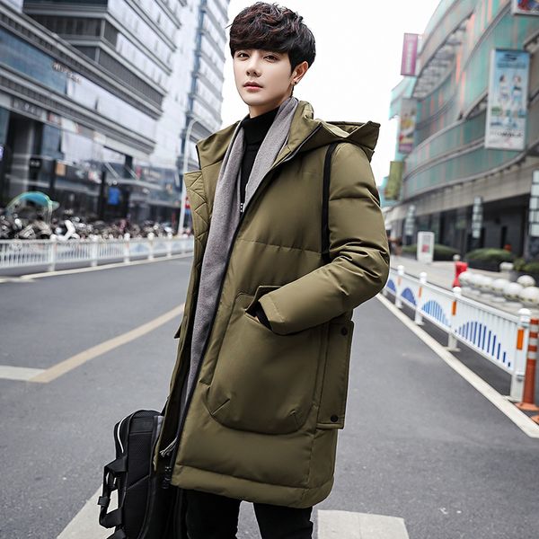 

autumn & winter men hooded thick mid-length white duck down jacket slim fit origional down jacket men's, Black