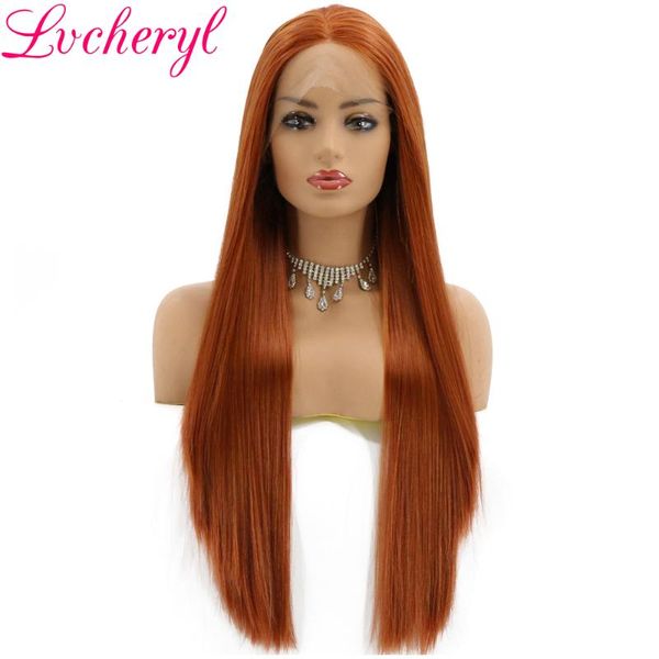 

lvcheryl mixed orange copper red color natural long straight heat resistant hair glueless synthetic lace front wigs for women, Black