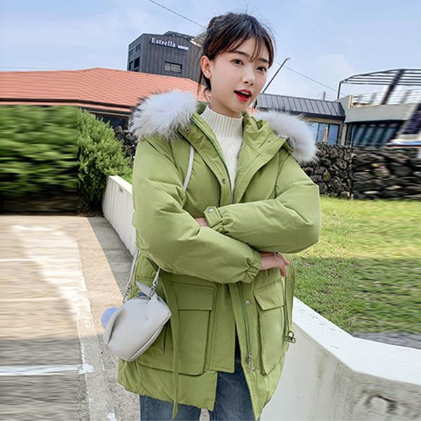 

повседневный сгущаться пуховики женщин корейской зимы меха с капюшоном большой карманы тонкий шнуровки вниз пальто женщины мода верхняя одеж, Black