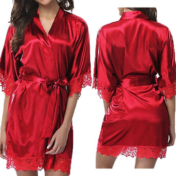 

2018 women robe satin robes gown kimono robe summer perspect comfort long sleeve v neck lace robes women clothing, Black;red