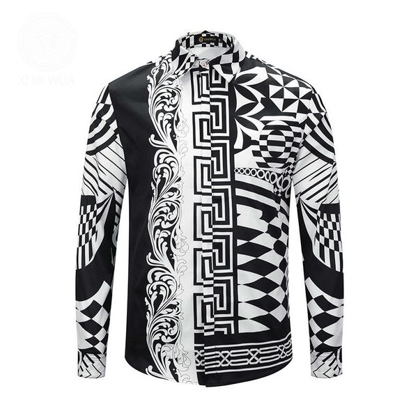 

мужские 2020 роскошная одежда плед 3d printed кнопках вниз рубашкам 20ss лето новая мода brand повседневная рубашка тонкий мужчины с длинным, White;black