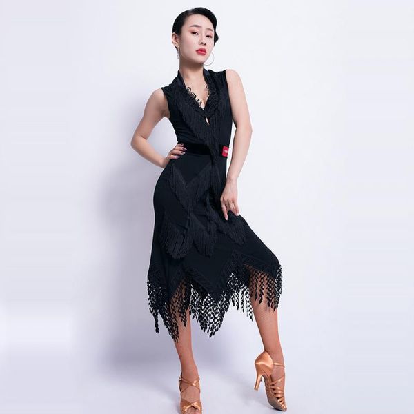 

latin dance dress female practice clothes suit new tassel performance latin dance competition skirt summer, Black;red