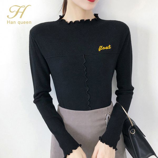 

h han queen 2019 autumn winter women knitted sweater casual soft long sleeve jumper fashion slim femme elasticity pullovers, White;black