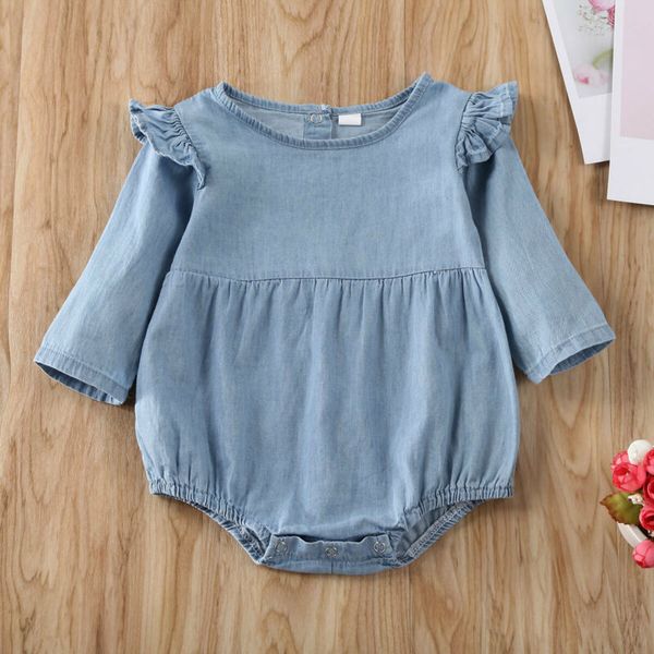 

0-18m newborn infant baby girls boys denim rompers ruffles long sleeve jumpsuit toddler baby costumes autumn spring clothes, Blue