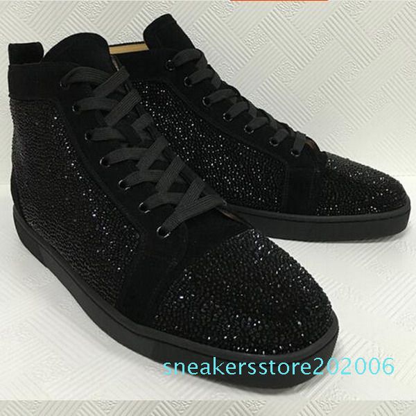 

special offer 2018 suede & black rhinestone strass red bottom shoes men women's flat red sole high-sneaker lace-up casual shoes s06